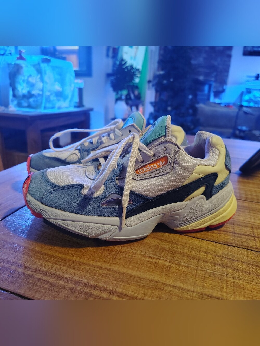 adidas womens Falcon Blue Kylie Jenner White, Blue, Yellow & Coral Retro